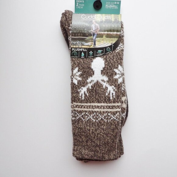 Cuddl Duds Mens ClimateSmart Plushfill Crew Socks 2 Pairs Java Brown & Pattern - Picture 3 of 7